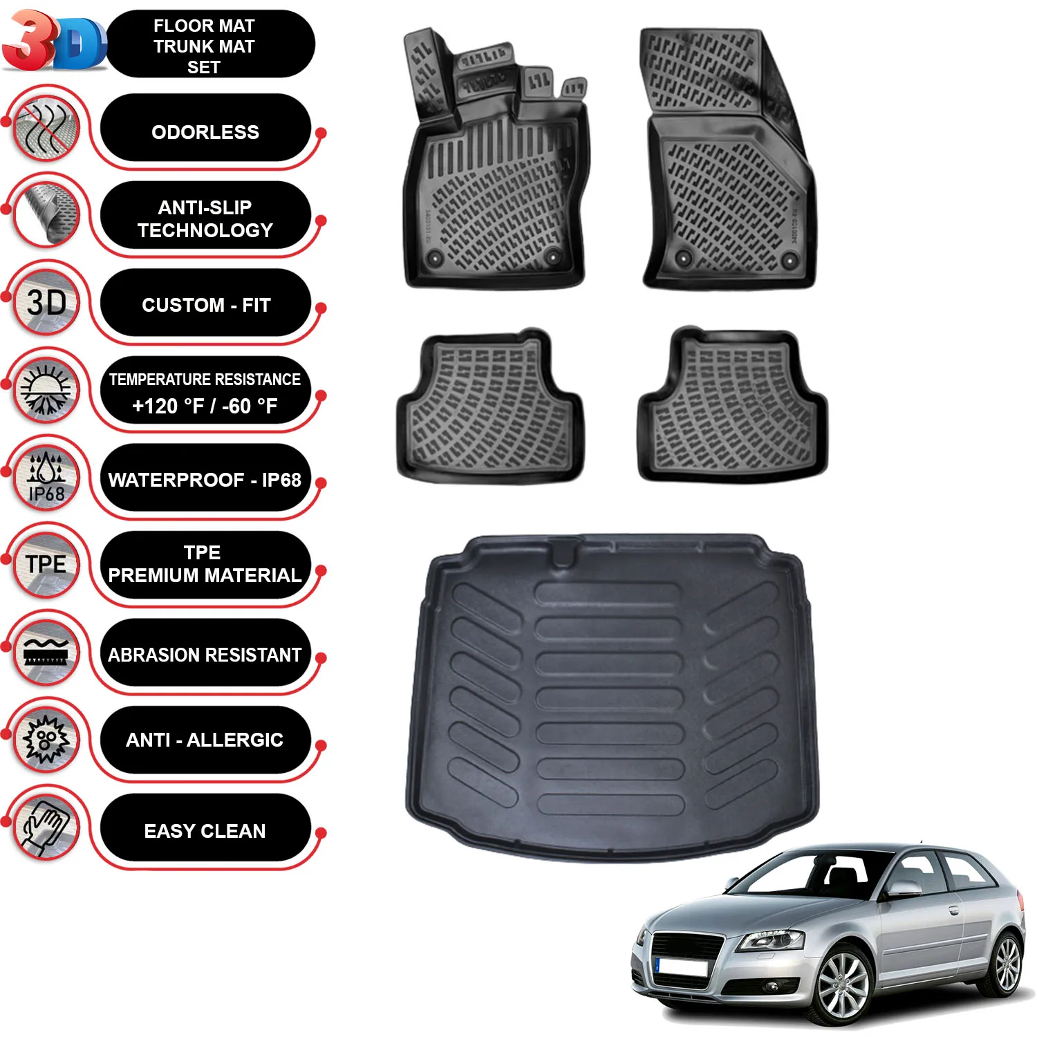 Audi A3 HB - (2003-2013) - Floor Mats + Cargo Trunk Liner - SET - (Black)