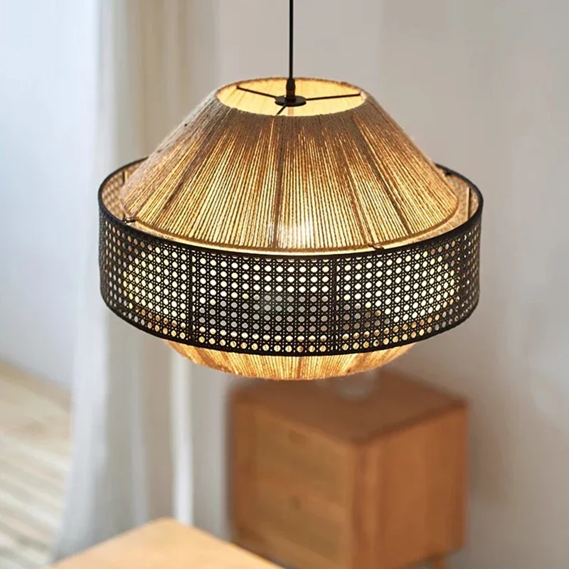 

Retro Wabi Sabi Rattan Yellow Hemp Rope Pendant Light Living Room Bedroom Restaurant Bar Handmade Led Droplight Home Decor Lamp