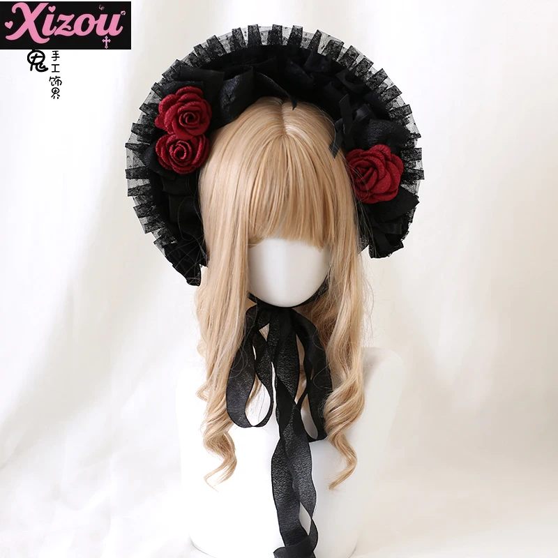 

Японская оригинальная черная шляпа-понет в стиле Лолиты, мягкая сестра, готическая, кружевная плоская шляпа, кукла, черная, розовая, соломенная шляпа с бантом для женщин