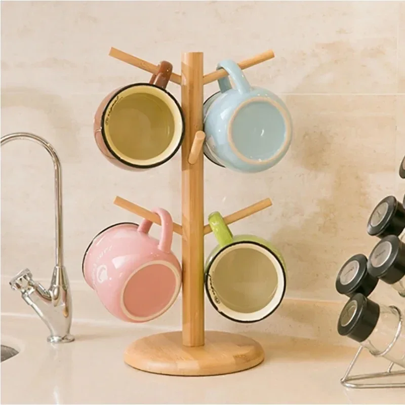 Tree Shape Wood Coffee Tea Cup Storage Holder Stand, Mug Hanging Display Rack, Drinkware Shelf, 6 Hooks, Home Kitchen, 1 Set