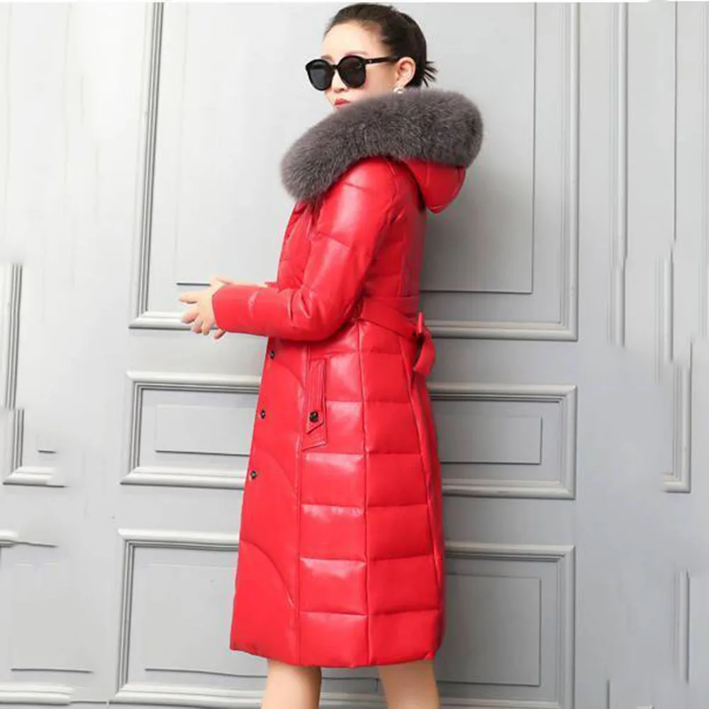 2024 Haining Leather Fashion Fur Female Imitation Fox Fur Collar Temperament In The Long Hooded Slim PU Warm Coat Female Tide.