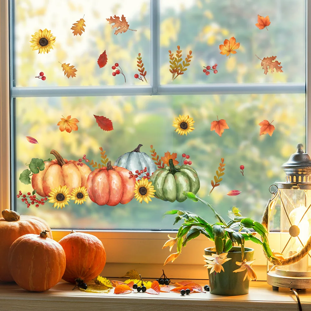 Chzimade Autumn Window Cling for Glass Pumpkin Autumn Leave Clings for Fall Window Stickers Thanksgiving Home Office Decorations