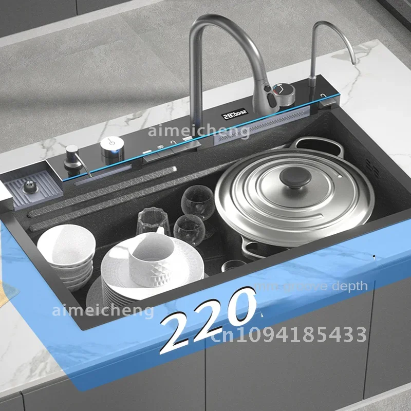 Waterfall Sink Kitchen Stainless Steel Topmount Sink Large Single Slot Wash Basin With Multifunction Touch Waterfall Faucet