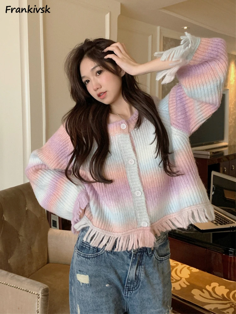 

Striped Cardigan Women Contrast Color Tassel Autumn Korean Style Aesthetic Prevalent Hipster Temperament Simple Knitting College