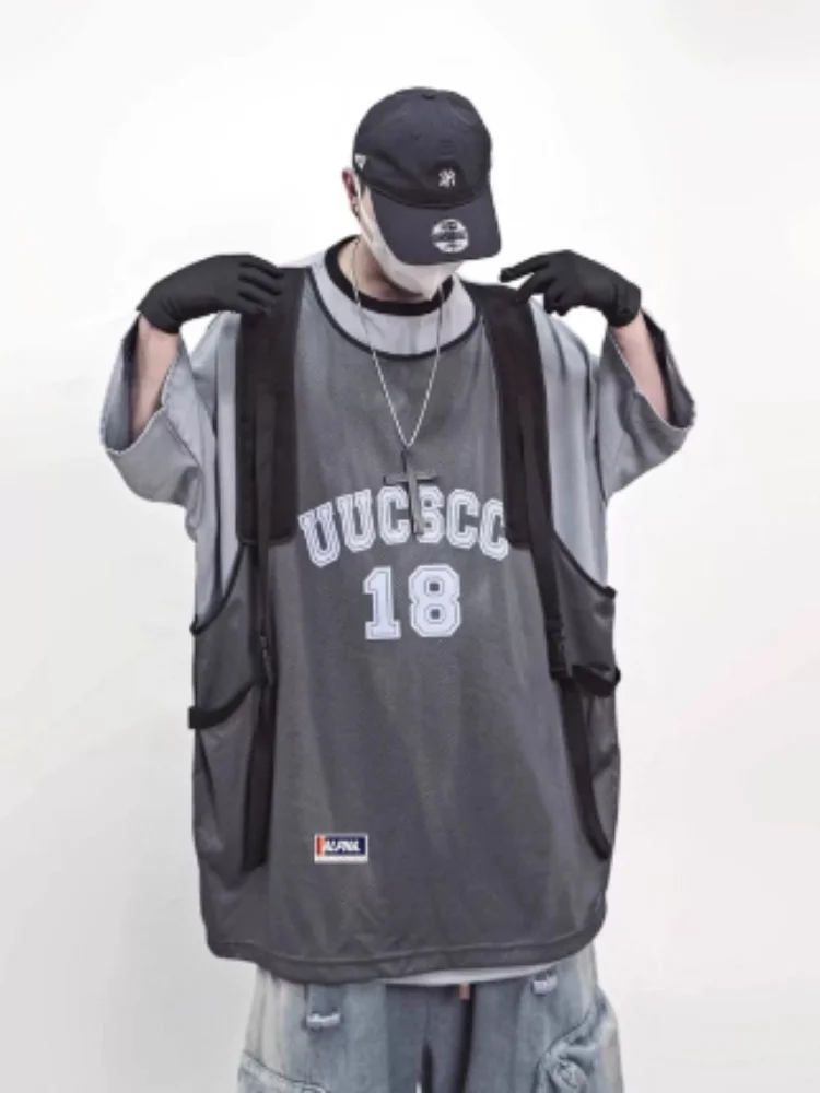 2026 New Fake Two Piece Oversized Tee Women Men Vintage American Street Loose Jersey Tanks Top Short Sleeve Basic T Shirt