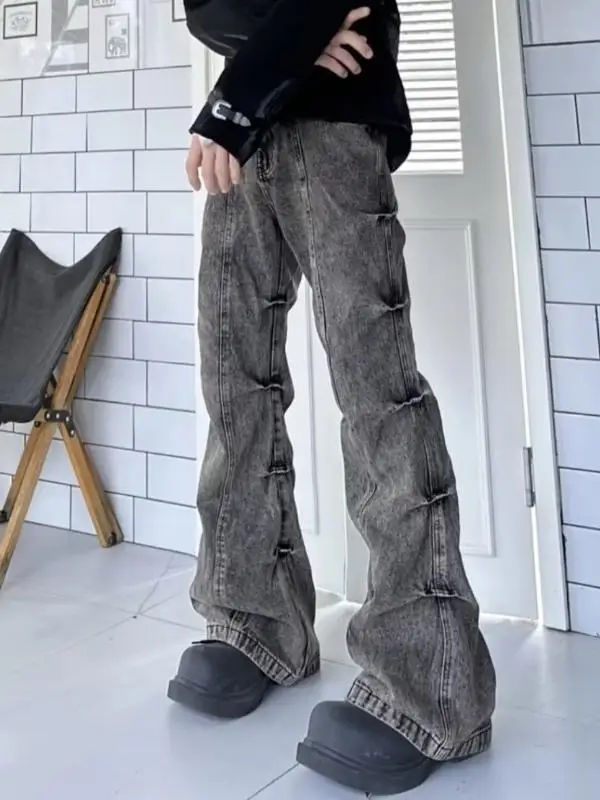 

Retro American High Street Men's Wide Leg Jeans Casual Long Trousers Youth Faion Jeans Wrinkle Micro Flared Denim Jeans