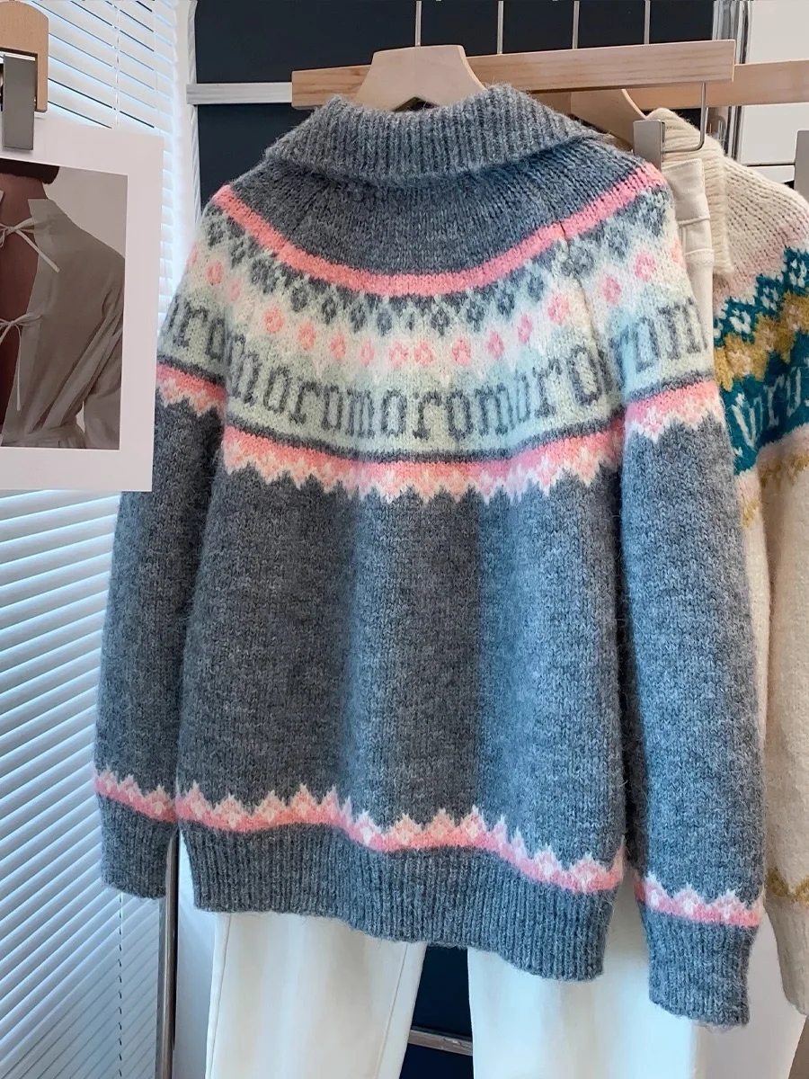 AOSSVIAO 레트로 자카드 니트 카디건 여성 가을, 겨울 느슨한 긴 소매 스웨터 지퍼 라펠 컬러 블로킹 코트