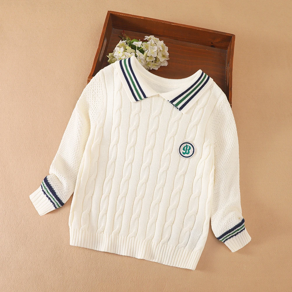 

Boys' Knitted Pullover Sweater Warm Autumn Winter Lapel Striped Trim New Kids Fashion 2025