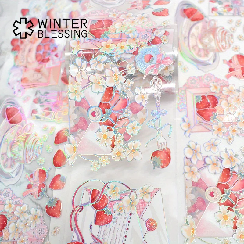 2m Laser Silvery PET Washi Tape Strawberry Transparent Roll Sticker Decorative Adhesive Tape For Scrapbooking Journal Stationery