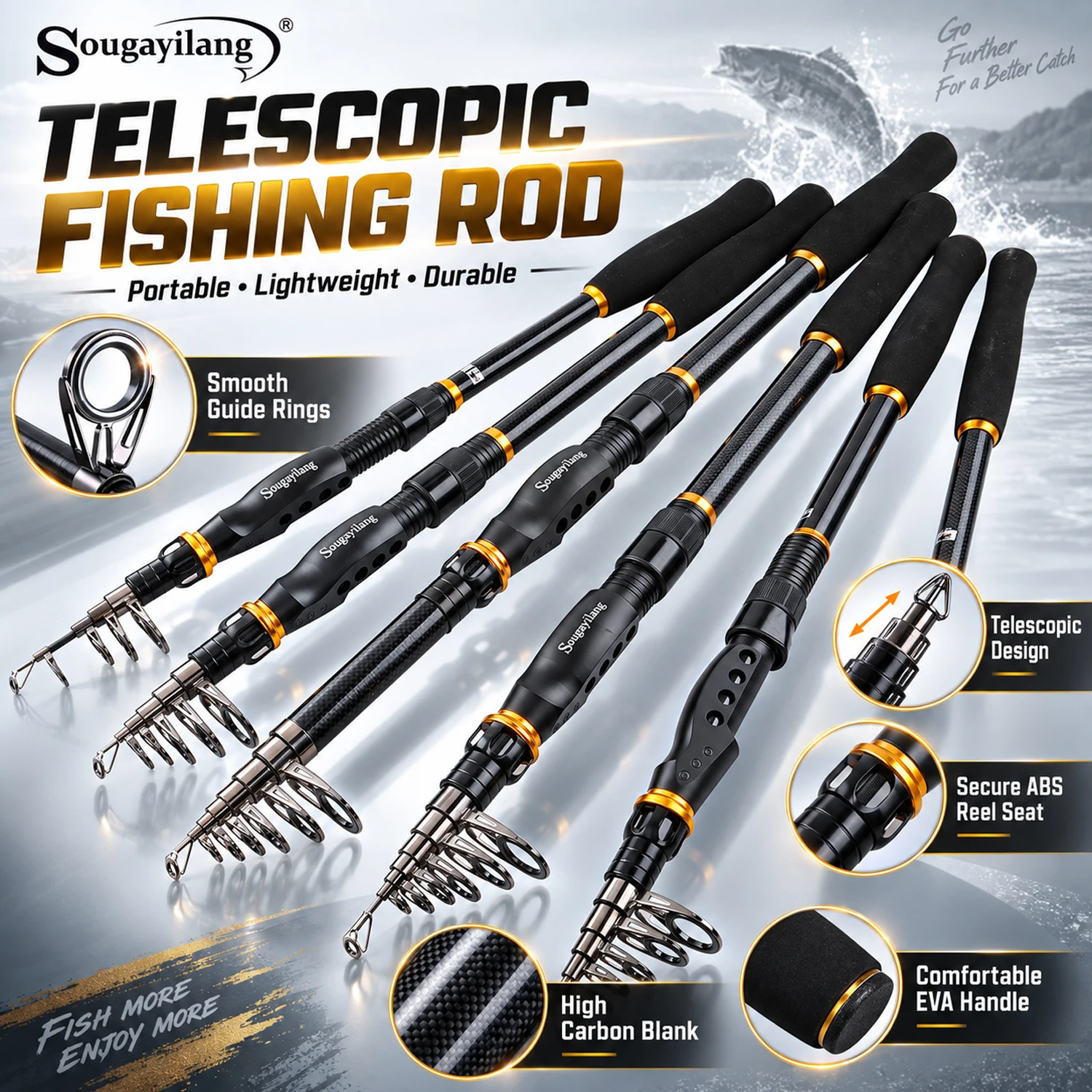 Sougayilang Telescopic Fishing Rod Carbon Fiber Portable Spinning Sea Rod Travel Fishing Pole for Saltwater Freshwater Fishing