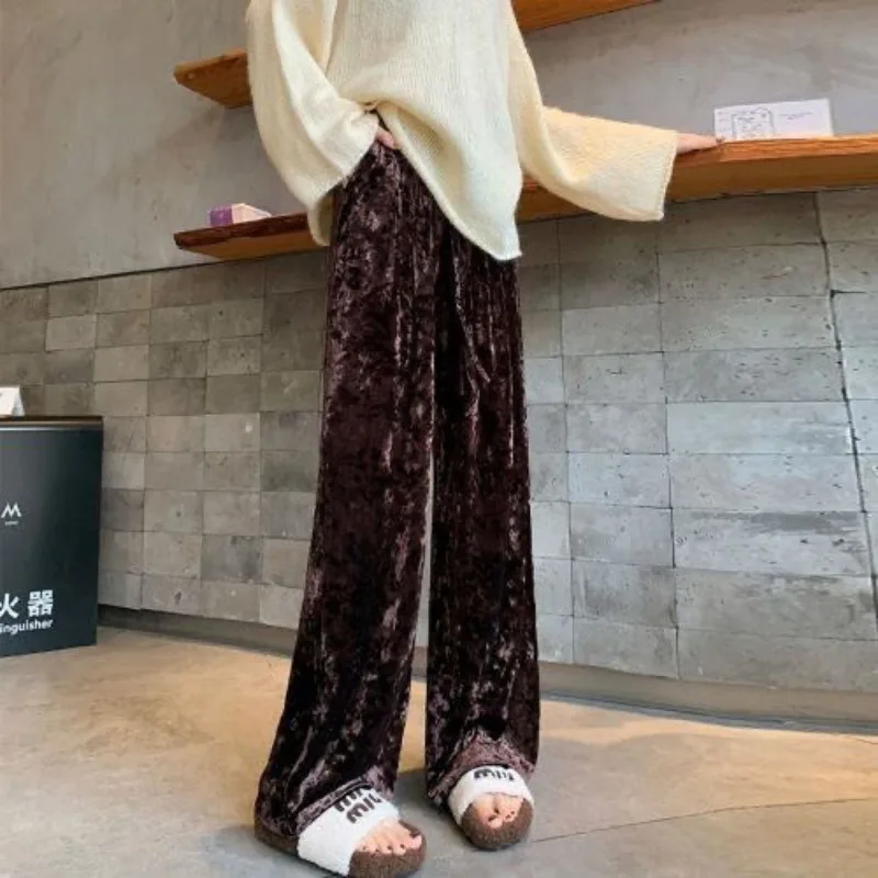 Trendy Wide Leg Pants Women Clothing Autumn Winter Gold Diamond Velvet Fabric Harajuku Straight Trouser Elastic High Waist Pants