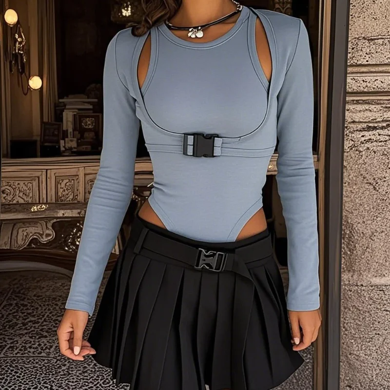 

Fashionable breathable hollow top spring women's solid color jumpsuit long sleeved round neck niche design