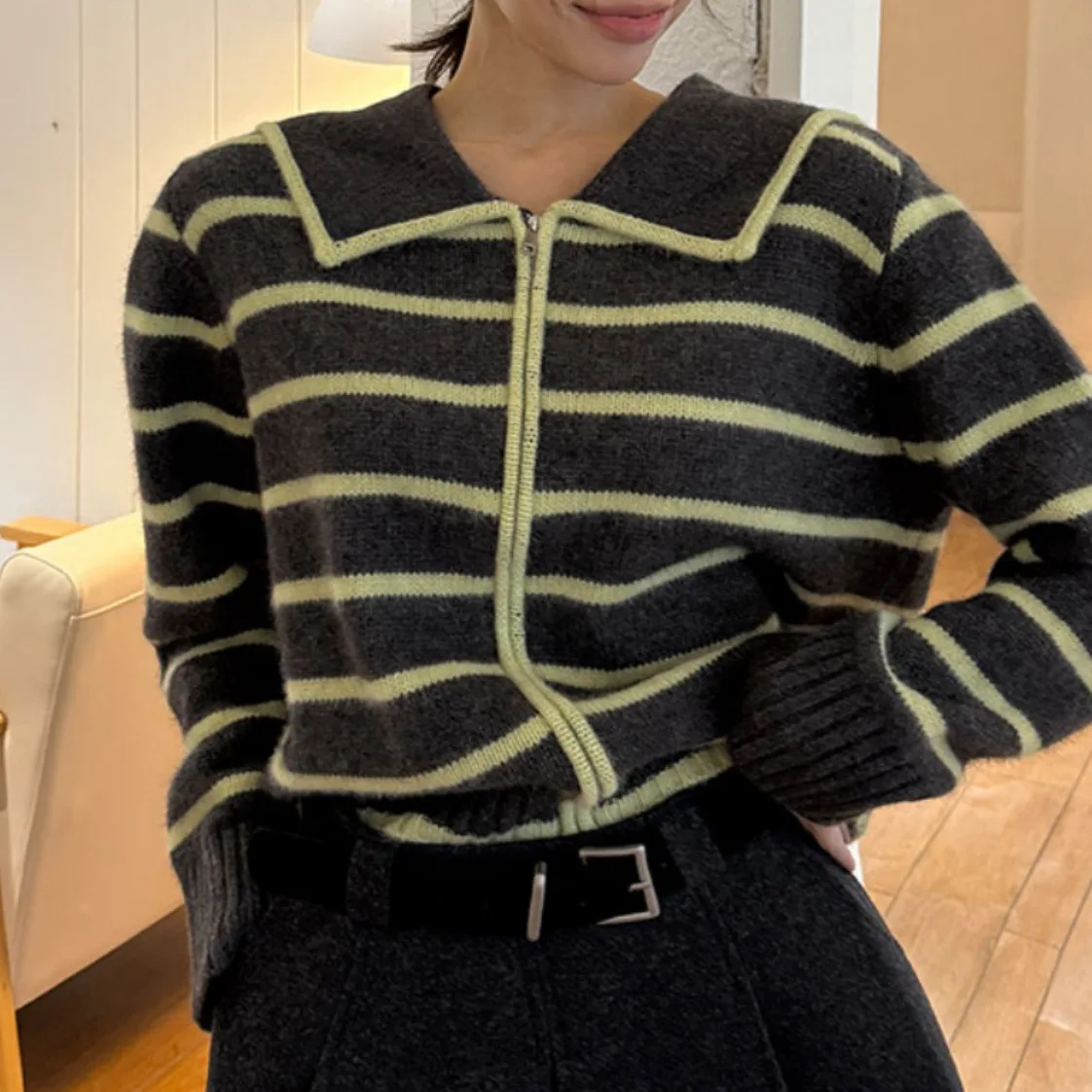 시크한 가을 겨울 빈티지 디자인 안티에이징 네이비 칼라 지퍼 스트라이프 니트 스웨터 여성 오픈 가디건 한국 스타일 스트레이...
