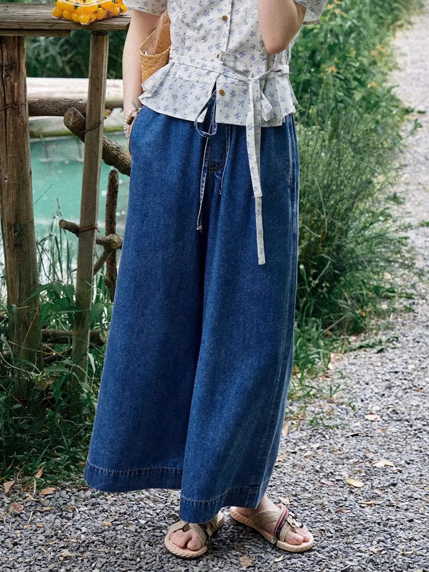 Autumn Relaxation Cotton Casual Drawstring Loose Waist Wide Leg Jeans Women