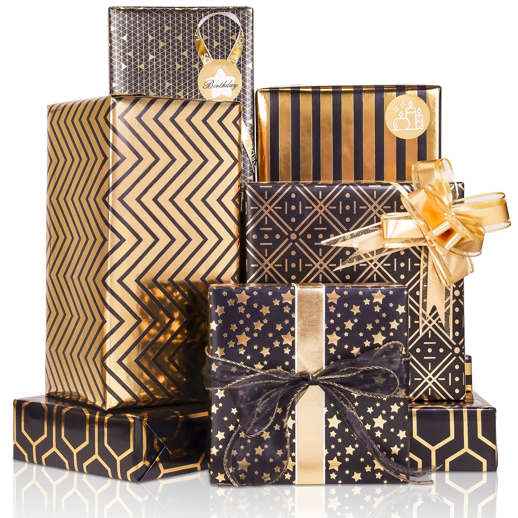 Larcenciel Gift Wrapping Paper Set, 6 Sheets Metallic Black Gold Foil Wrapping Paper w/Gift Bow & Sticker, Shiny Luxury Men Boy