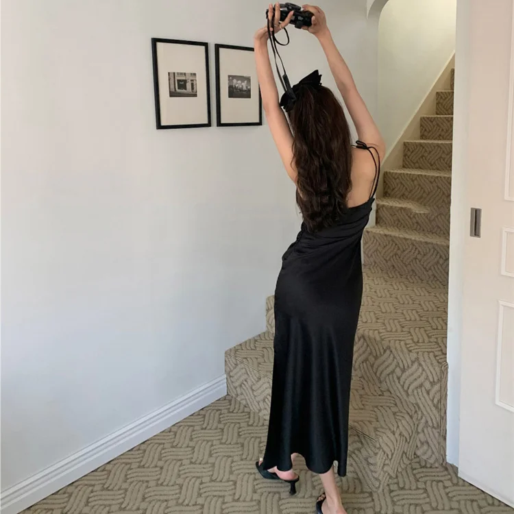 Ele Summer Silk Satin Lungo Dr Abito da donna con cintura dimagrante senza spalline Ladylike Sle Pendolarismo Adatto X-ape Silhouette