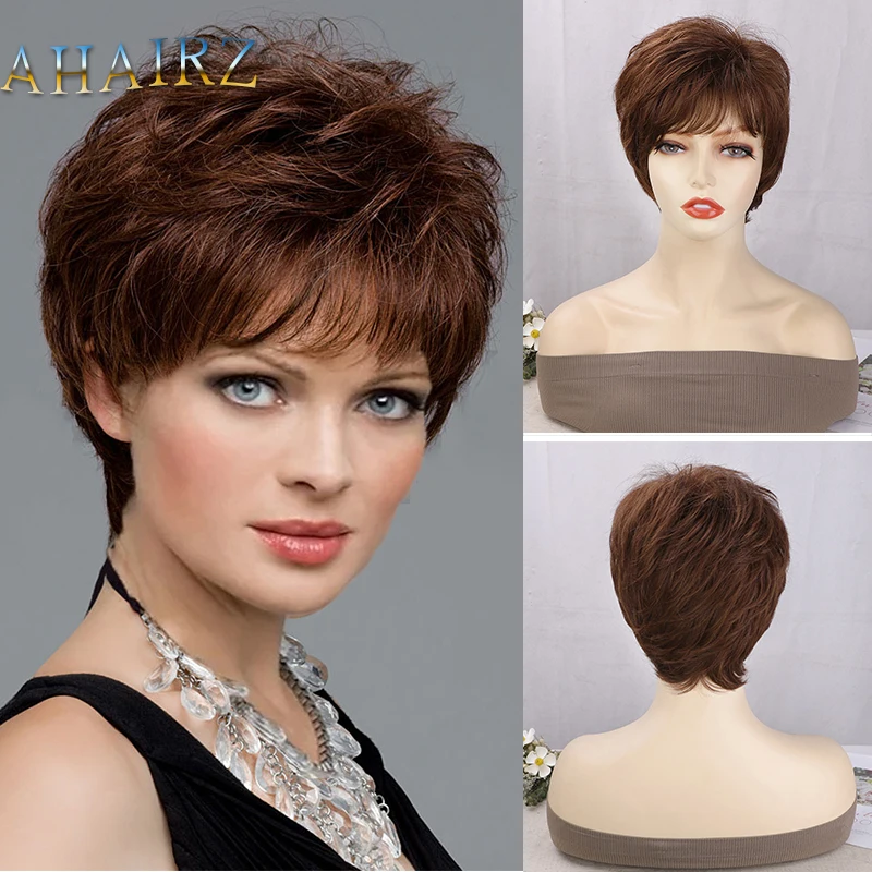 

Short Dark Brown Synthetic Straight Wave Hair Wig With Bangs For Woman Replacement Heat Resistant Fiber Cosplay Wig