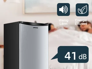 Kühlschrank aus Edelstahl mit Energieeffizienz-Symbolen. Der Text weist auf einen niedrigen Geräuschpegel von 41 dB hin. Die Symbole für die Funktionen „Warm Dim“ und „Energy Efficient