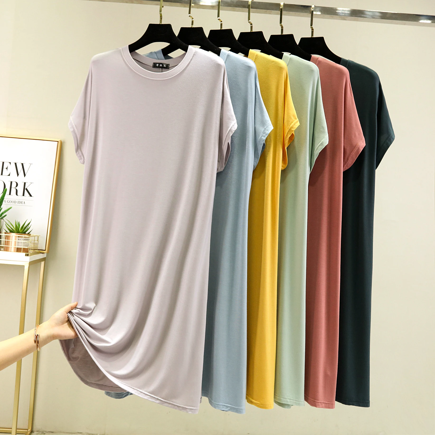 

Slimming Effect Modal round Ne Sp Dr Women Summer Loose Fit Casual Home Thin Fabric plus Size Long Dr