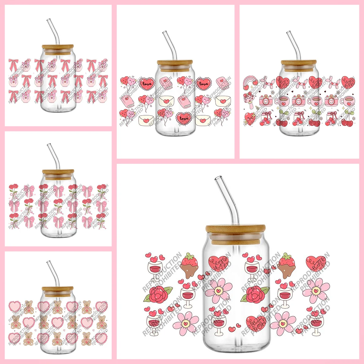 

Love Cherry Coquette UV DTF Cup Wrap Stickers Pink Bow Cold Transfer Stickers for DIY Craft Decorations for 16 oz Glass