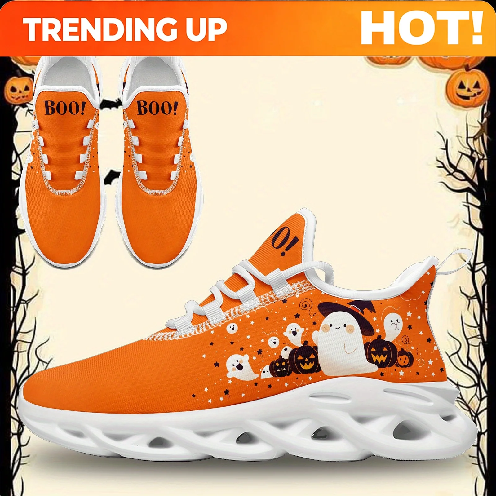 Custom Halloween Men's Casual Sneakers, Cute Orange And Pumpkin Graphic, Trick Or Treat Casual Shoes, Unique Sports Shoes, Fashi