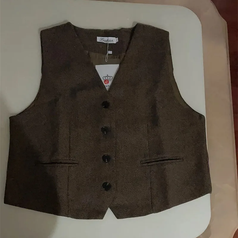 Women Vest British Style Vest Retro V-neck Herringbone Pattern Women's Vests 2025 New Female Sleeveless Vest Autumn Top