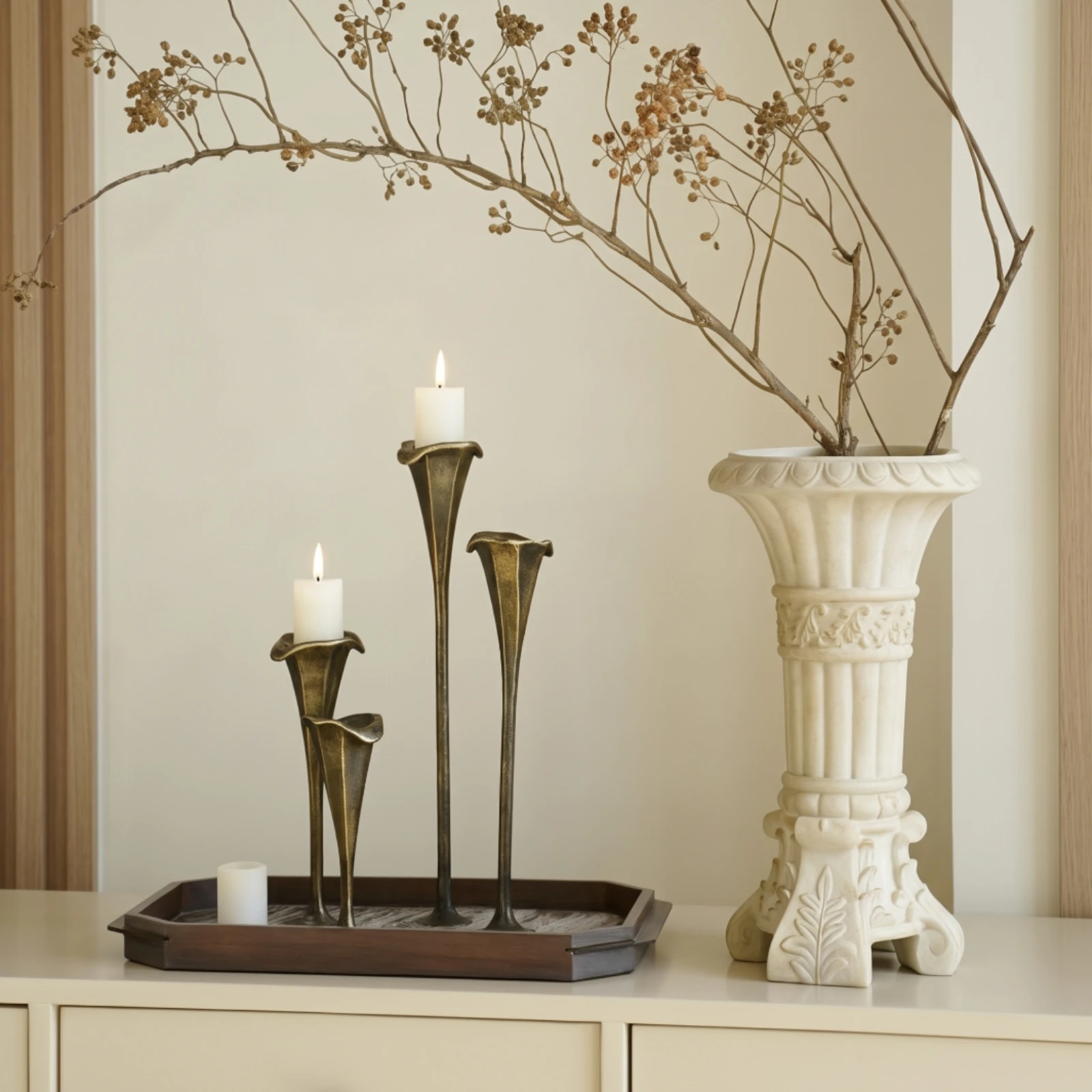 Sculpted Vase with Leaf Relief Decorative Column Vase Flower Holder Tall Tabletop for Living Room, Entryway