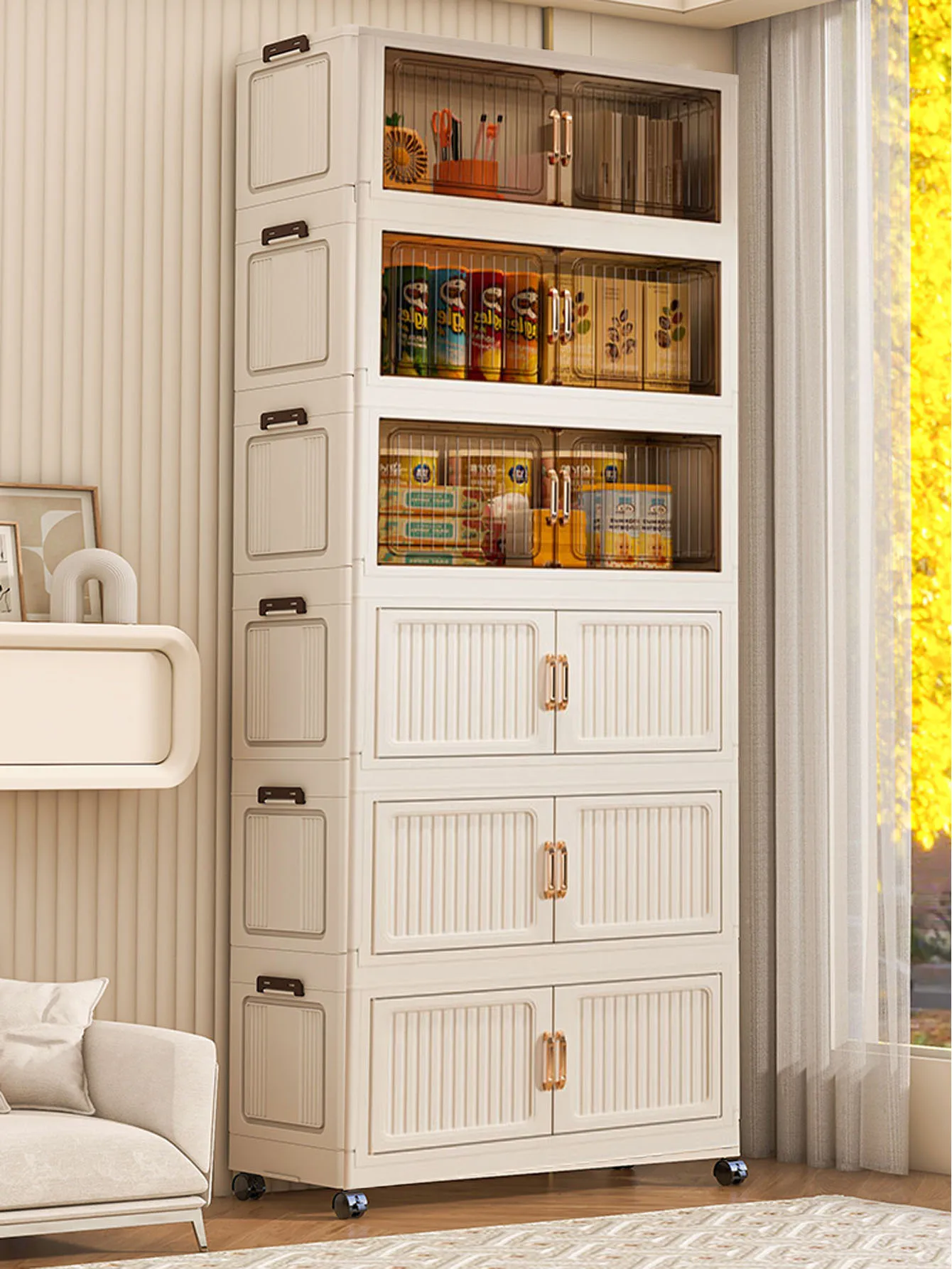 Free-Installation Foldable Storage Cabinet Plastic Organizer for Living Room Snacks & Kitchen Narrow Spaces, Household Storage