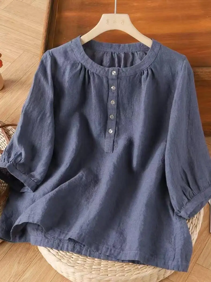 novo-top-de-verao-retro-em-algodao-e-linho-de-cor-pura-manga-curta-solto-versatil-estilo-Etnico-gola-redonda-com-bolso