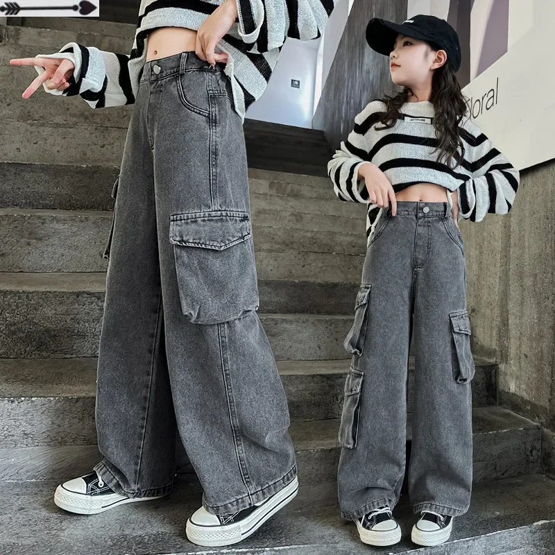 

teenage girls jeans pants spring autumn wide leg cargo pants pockets hip hop kids clothes denim trousers capris 6 to 16 years