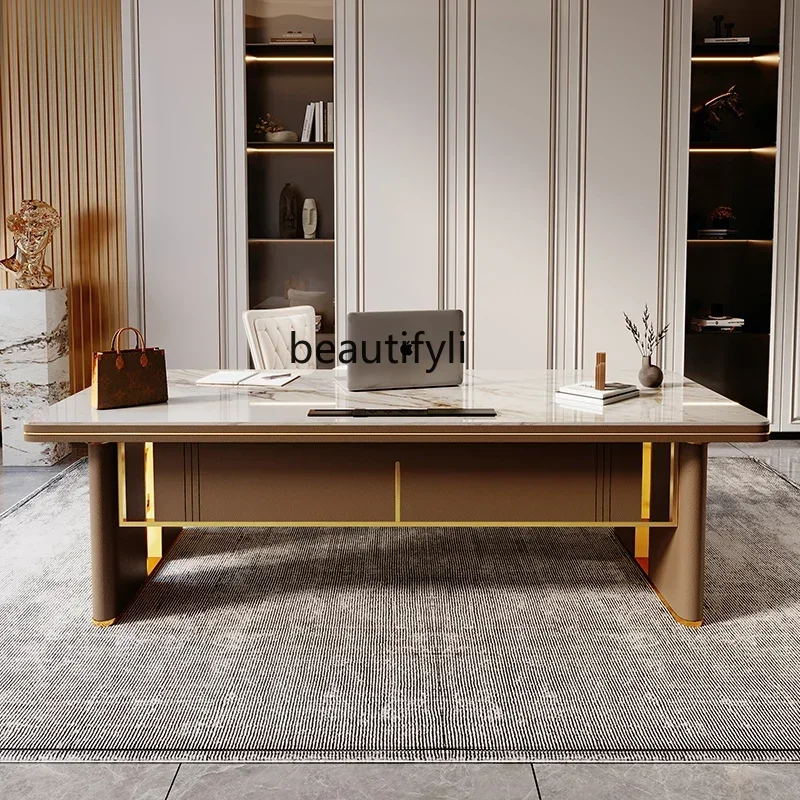 

Light luxury Italian rock slab, modern simple home study large board table anti-light desk