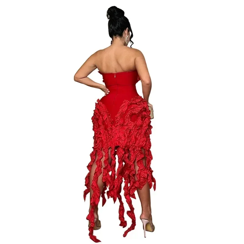 

2025 Strapless Fringed Bandage Midi Dress for Women Glittering Irregular Ruffle Party Cocktail Clubwear Female Vestidos