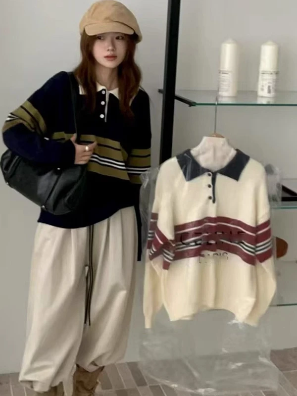 韓国 Sle 襟付きロング Sve ニットセーター レディース ルーズフィット 秋冬新作 Sle 細見えストライプトップ