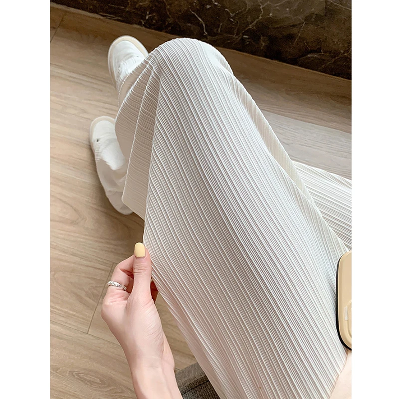 Women\'s Ice Silk Wide Leg High Waist Pleated Straight Loose Straight Thin Casual Dragging Trousers Summer Pants Korean Clothing