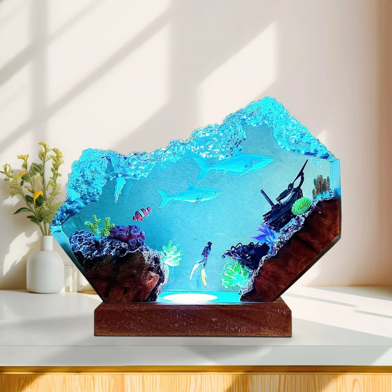 

Great White Shark and Scuba Diver Resin Lamp, Diver Epoxy Resin Lamp, Ocean Night Light, Home Decoration, Mother's Day Gift