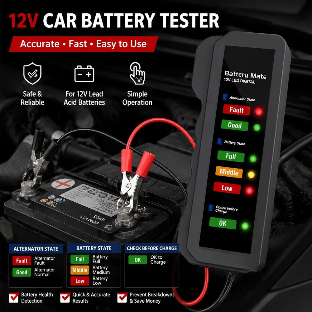Car Battery Tester 12V Digital Alternator Tester 6 LED Lights Display Car Diagnostic Tool Alternator Tester Automotive