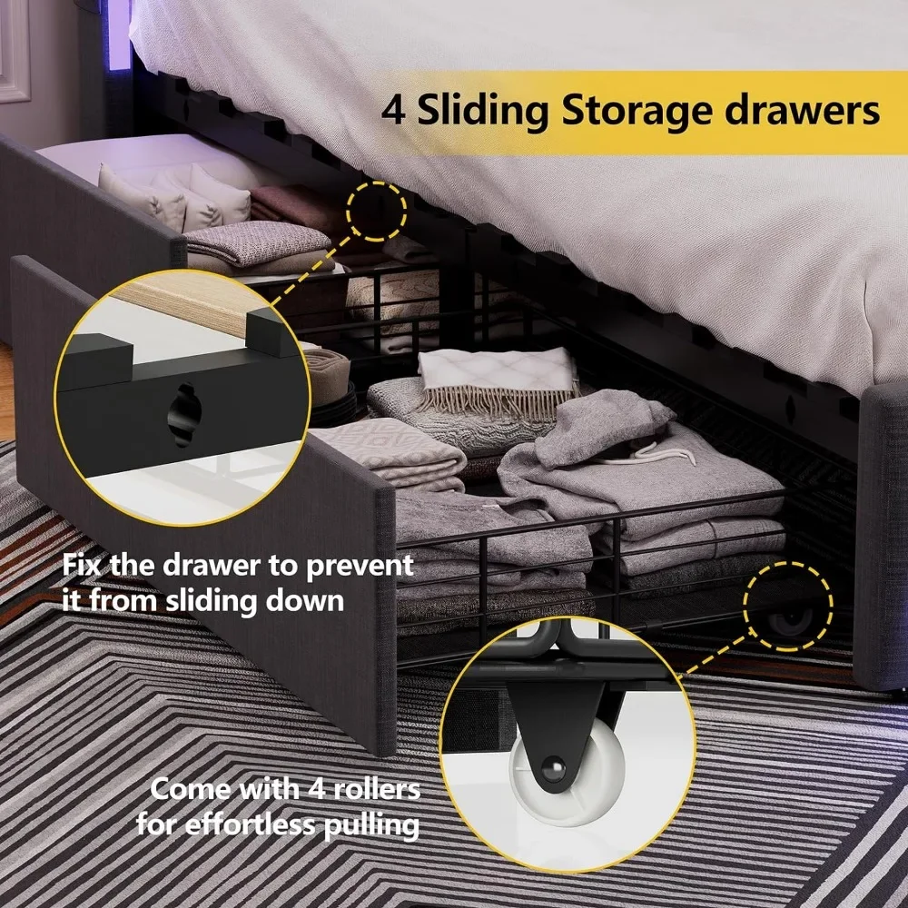 Upholstered Full Size Bed Frame with 4 Storage Drawers,RGB LED Light,Charging Station,Adjustable Headboard,Slats Support