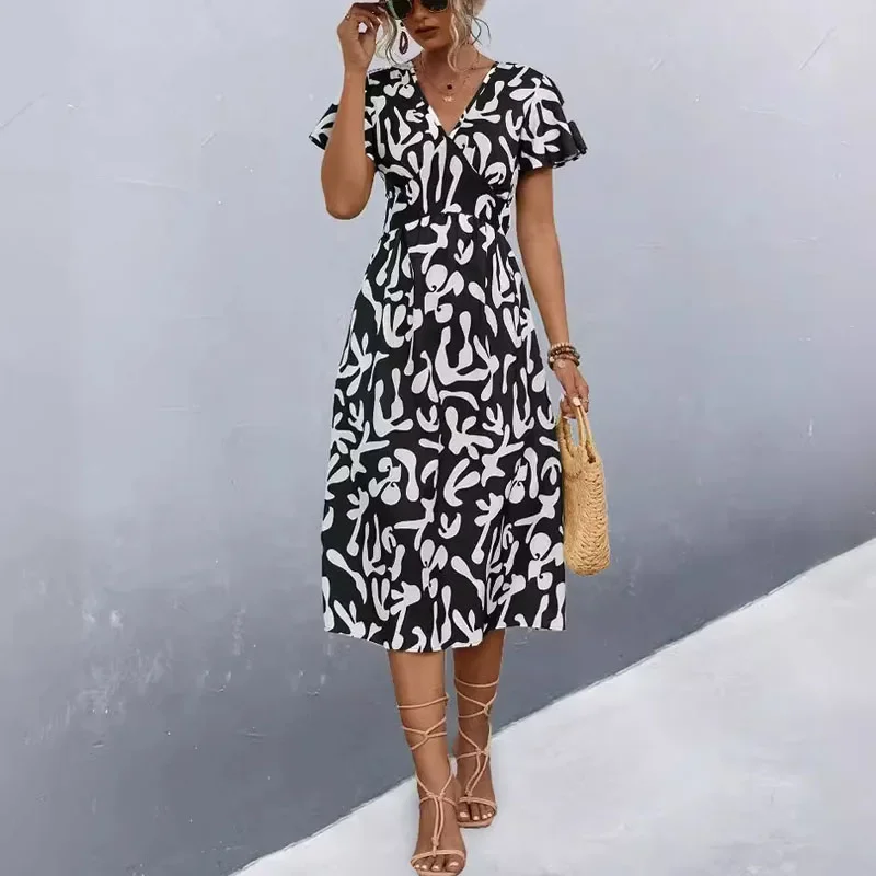 

V-neck Fashion Abstract Color Blocking Printing Short Sleeved Summer Women 2024 New Casual Commuting Texture Comfortable Dress