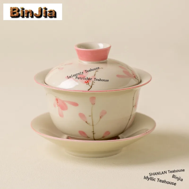 

130ml Hand-painted Pink Orchid Gaiwan Retro Tea Tureen Household Tea Bowl with Lid Kit Tea Maker Cover Bowl Teaware Collection