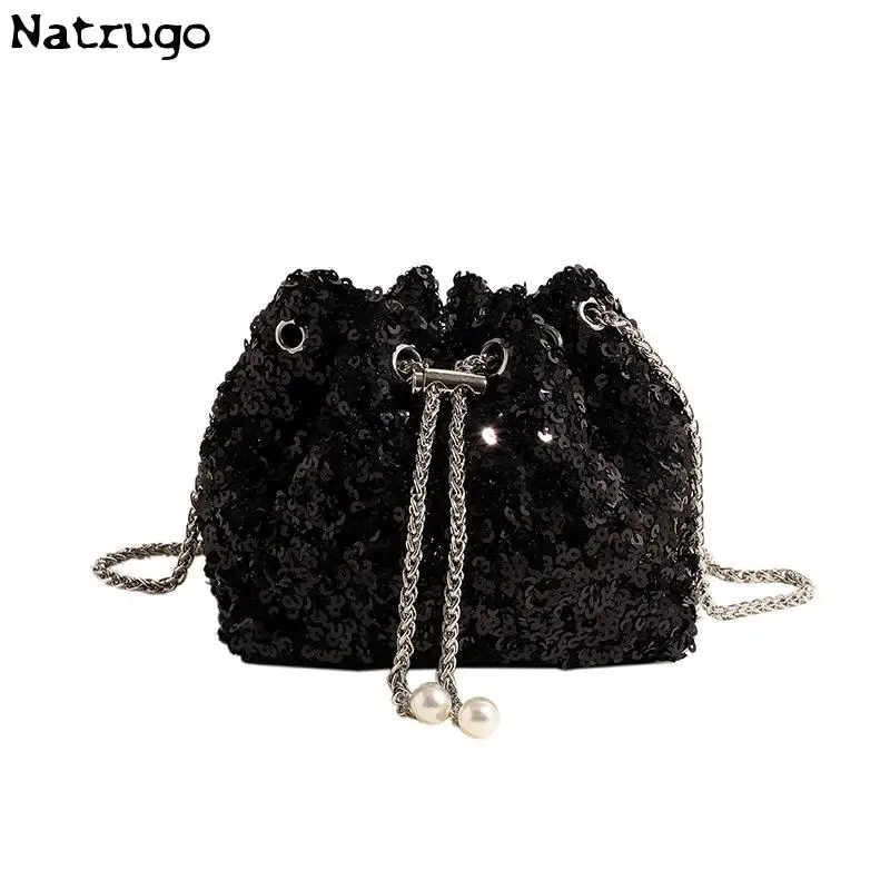 Luxury Banquet Sequin Shoulder Bag Fashion Bucket Shiny Handbags Gold Silver Underarm Chain Crossbody Bags For Women Girl