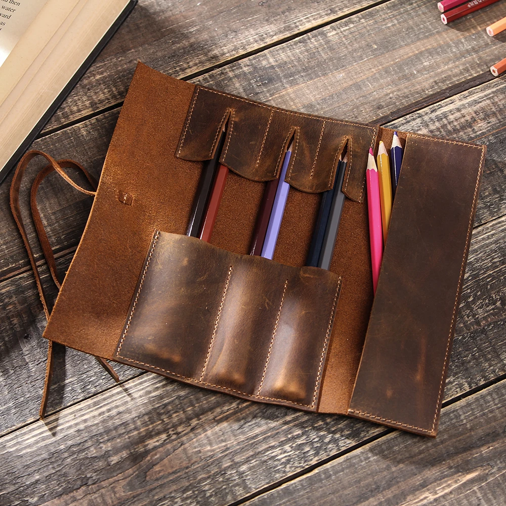 Handmade Vintage Retro Crazy Horse Leather Pencil Cases Roll Up Cowhide Pen Pouch Bag For Stationery School Supplies