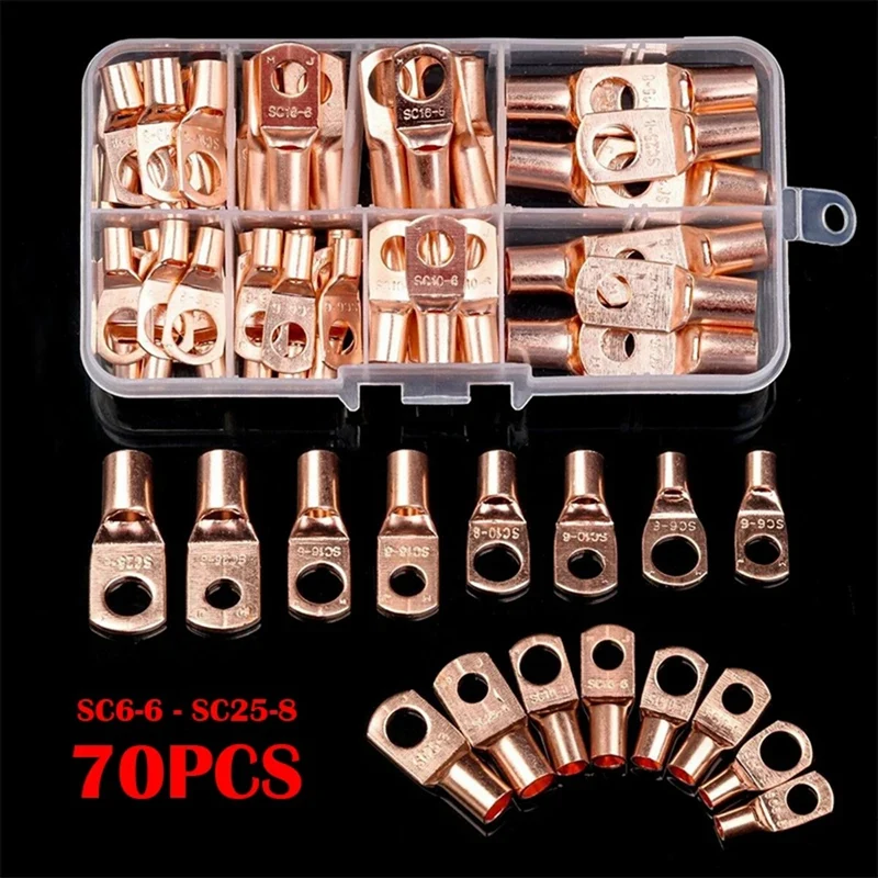 70Pcs Wire Lug Connector Ring SC6-25 Copper Connectors Bare Cable Electric Crimp Terminal Connector Kit