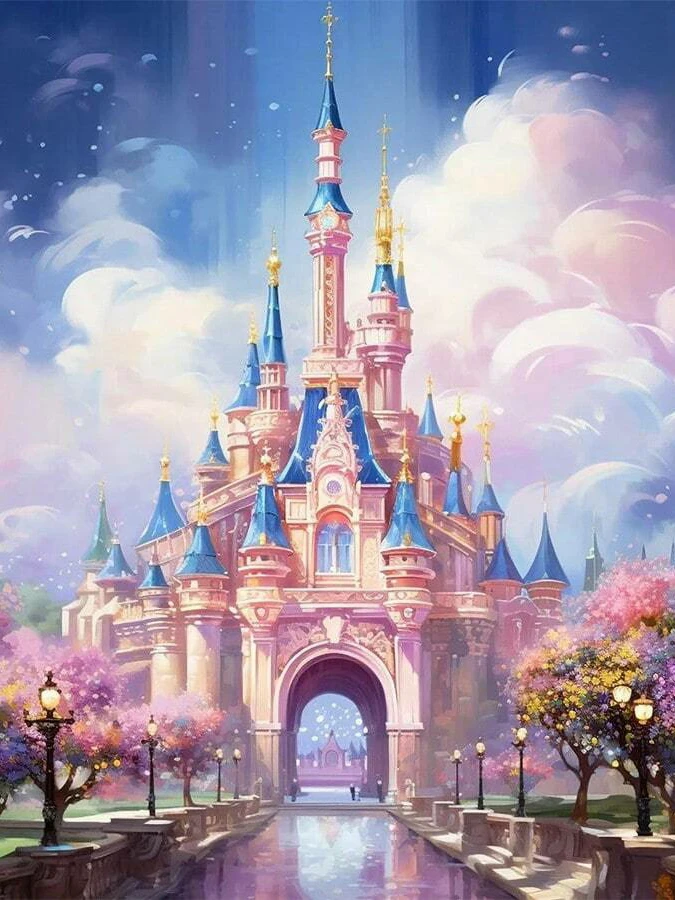 Pastel Pink Dreamy Castle Cloud Sakura Landscape Art 5D DIY Diamond Painting Kit Full Drill Handmade Art Home Wall Decor