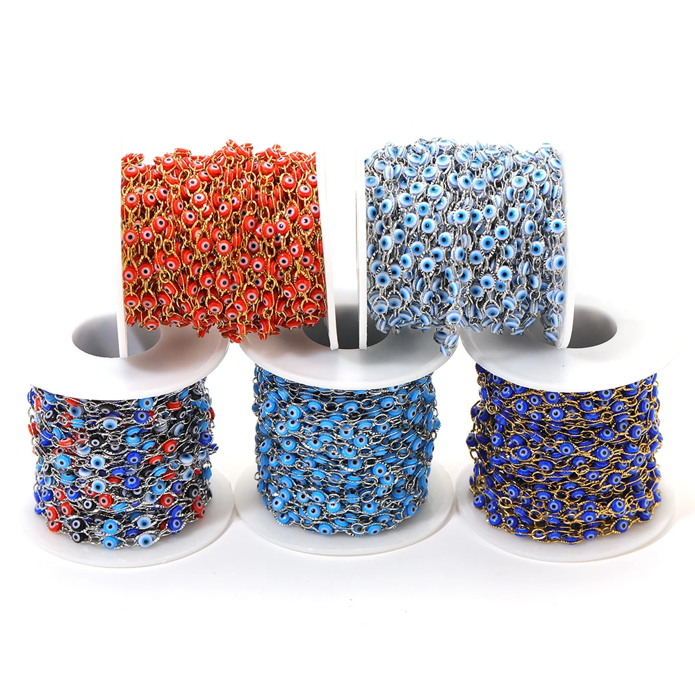 

1 Meter Turkey Evil Eye Bead Chains Stainless Steel Chains for DIY Bracelets Necklace Supplies Bohemia Jewelry Making Wholesale