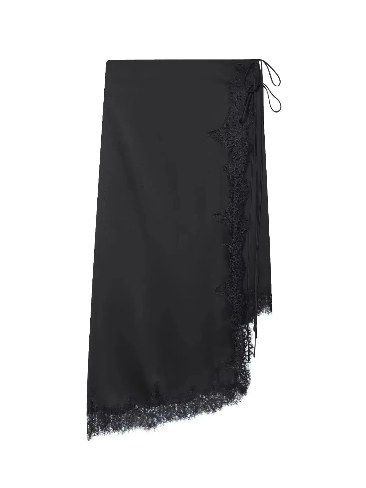 2026 Autumn Winter Women's European Vintage Silk Satin Lace Asymmetric Skirts Lady Elegant Zip Lace-up Evening Party Midi Skirt