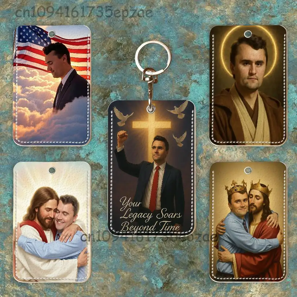 

C-Charlie K-Kirk Rectangle Card Case Keychain Access Card Bag Key Tag Ring Leather Card Holder Key Ring Access