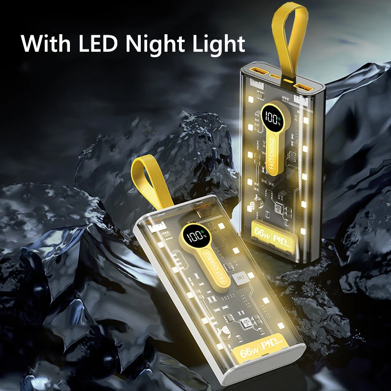 66 واط 200000 باور بانك بسعة كبيرة mAh مع 4 كابلات شحن سريع شاحن بطارية محمول لهاتف iPhone 16 Samsung Huawei Xiaomi