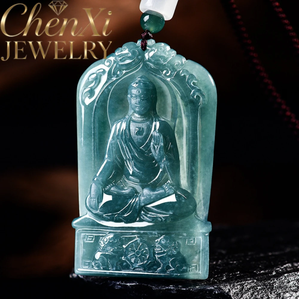 Vintage Carved Blue Water Jadeite Amitabha Square Pendant Natural A Grade Jade Necklace For Pig Dog High-end Fine Jewelry Gift