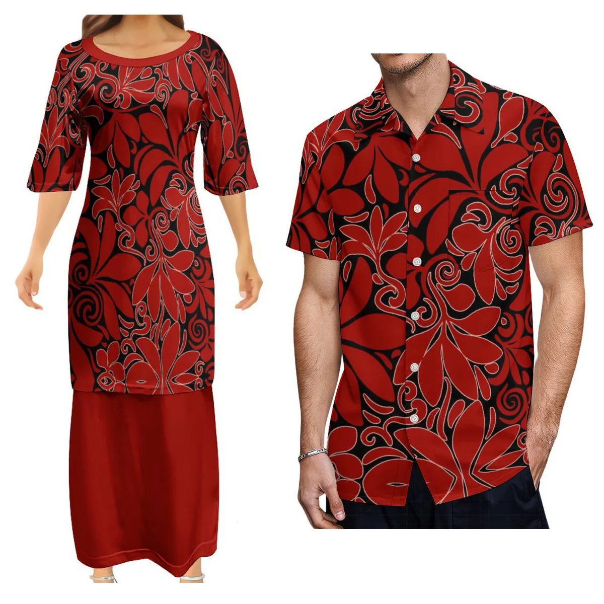 

Women'S Crew Neck Dress Puletasi Top With Skirt And Men'S Shirt Polynesian Tribe Matching Couple Set