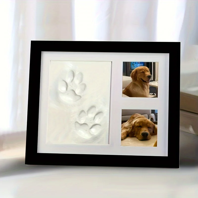 Dog Or Cat Pet Pawprint Keepsake Kit & Picture Frame - Premium Wooden Photo Frame, Clay Mold For Paw Print & Bonus Stencil